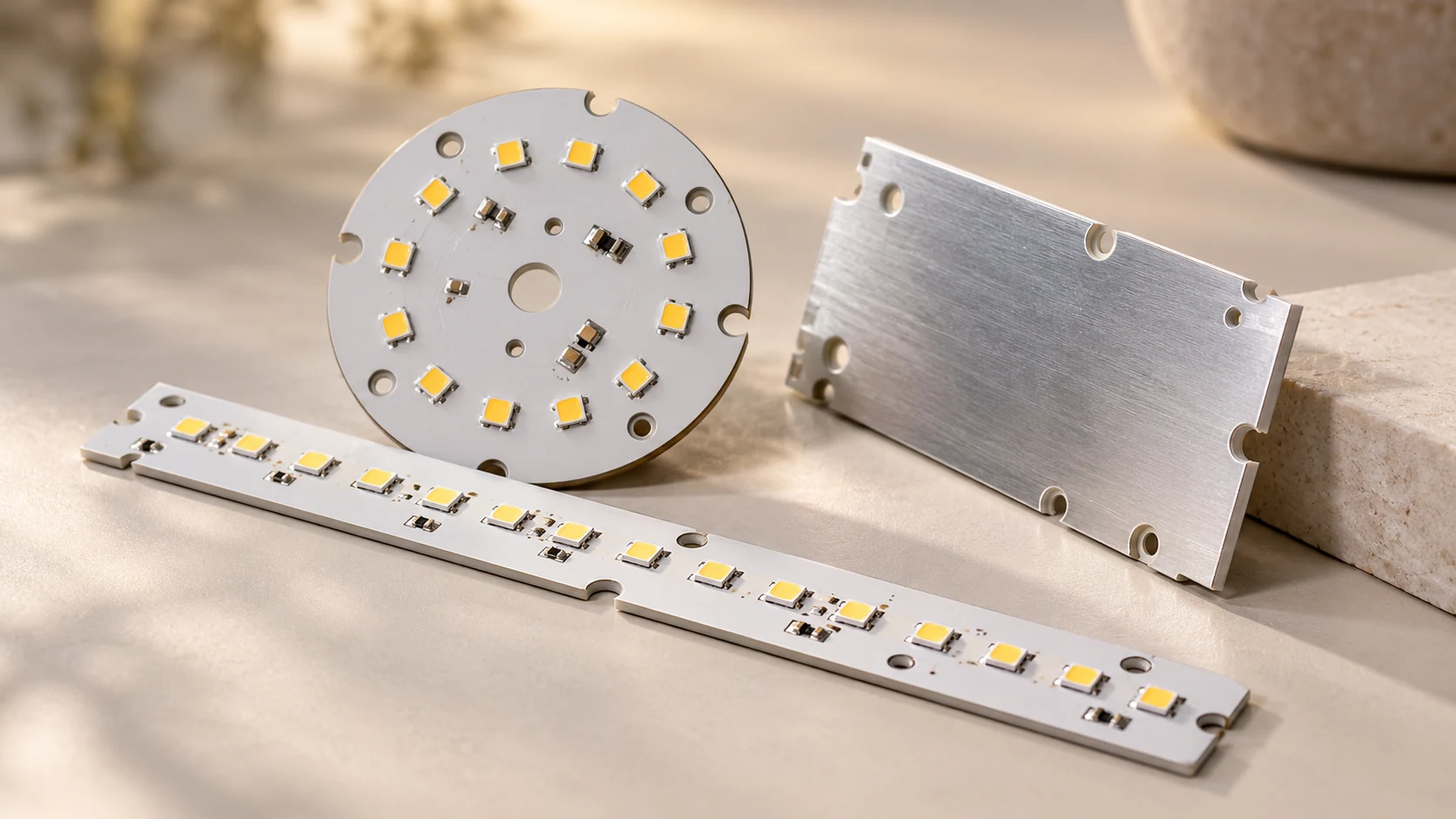 Alüminyum tabanlı doğrusal ve dairesel LED devre kartlarının üst yüzeyi ve metal arka tabanı.