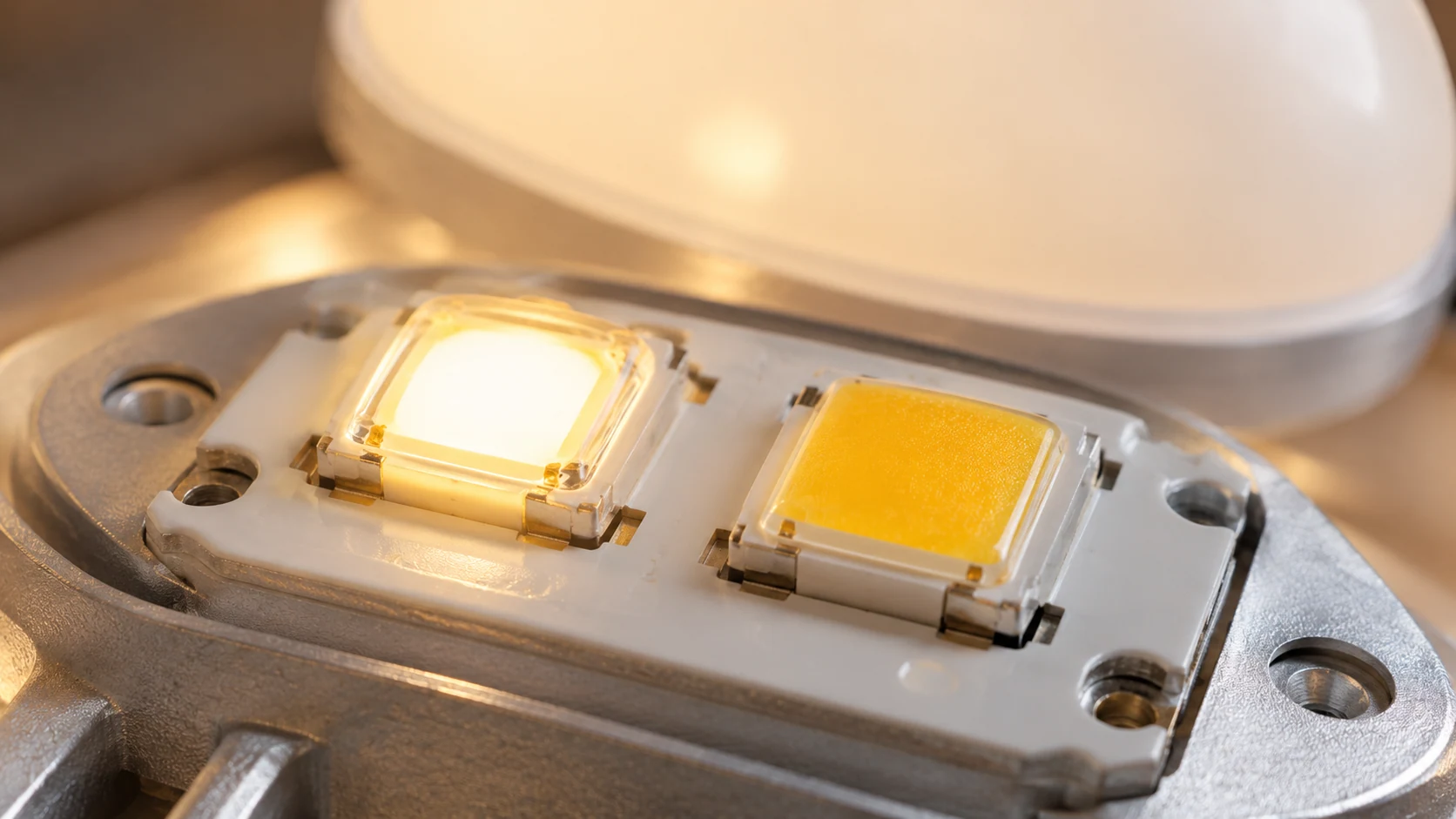 Beyaz ışık veren LED paketi ve fosfor kaplı sarı yüzeyi görülen LED bileşeni.