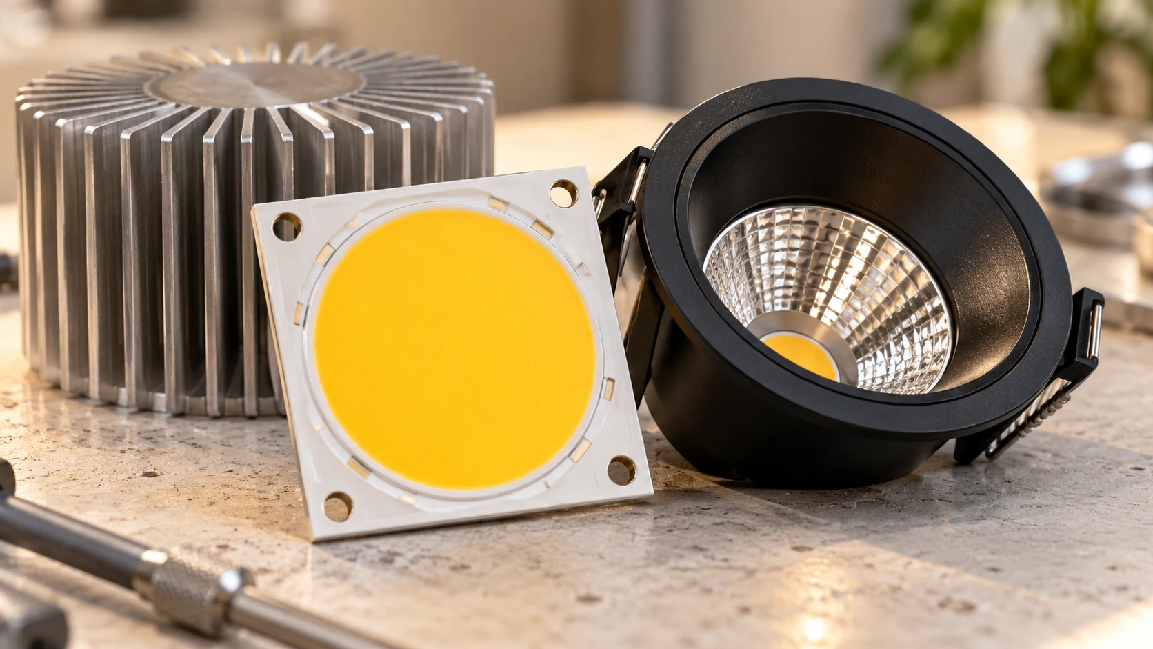 Sarı ışık yüzeyli COB LED modülü, reflektör ve alüminyum soğutucu.