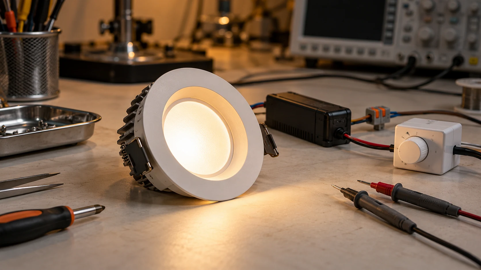 Açılmış LED downlight, sürücü ve dimmer ile titreme sorunlarının incelendiği çalışma tezgâhı.