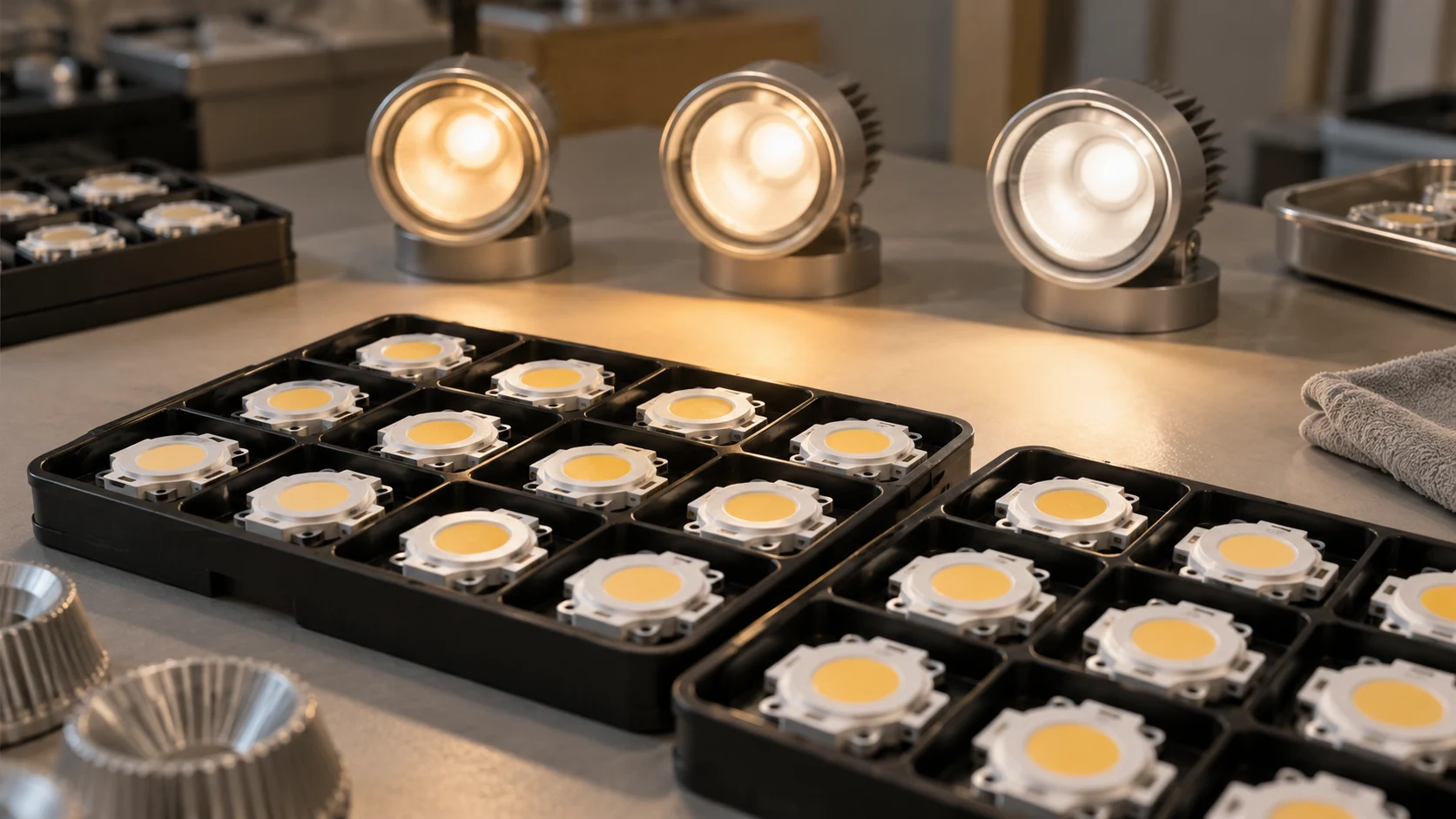 Sınıflandırma ve renk tutarlılığı incelemesi için tepside düzenlenmiş LED modülleri.