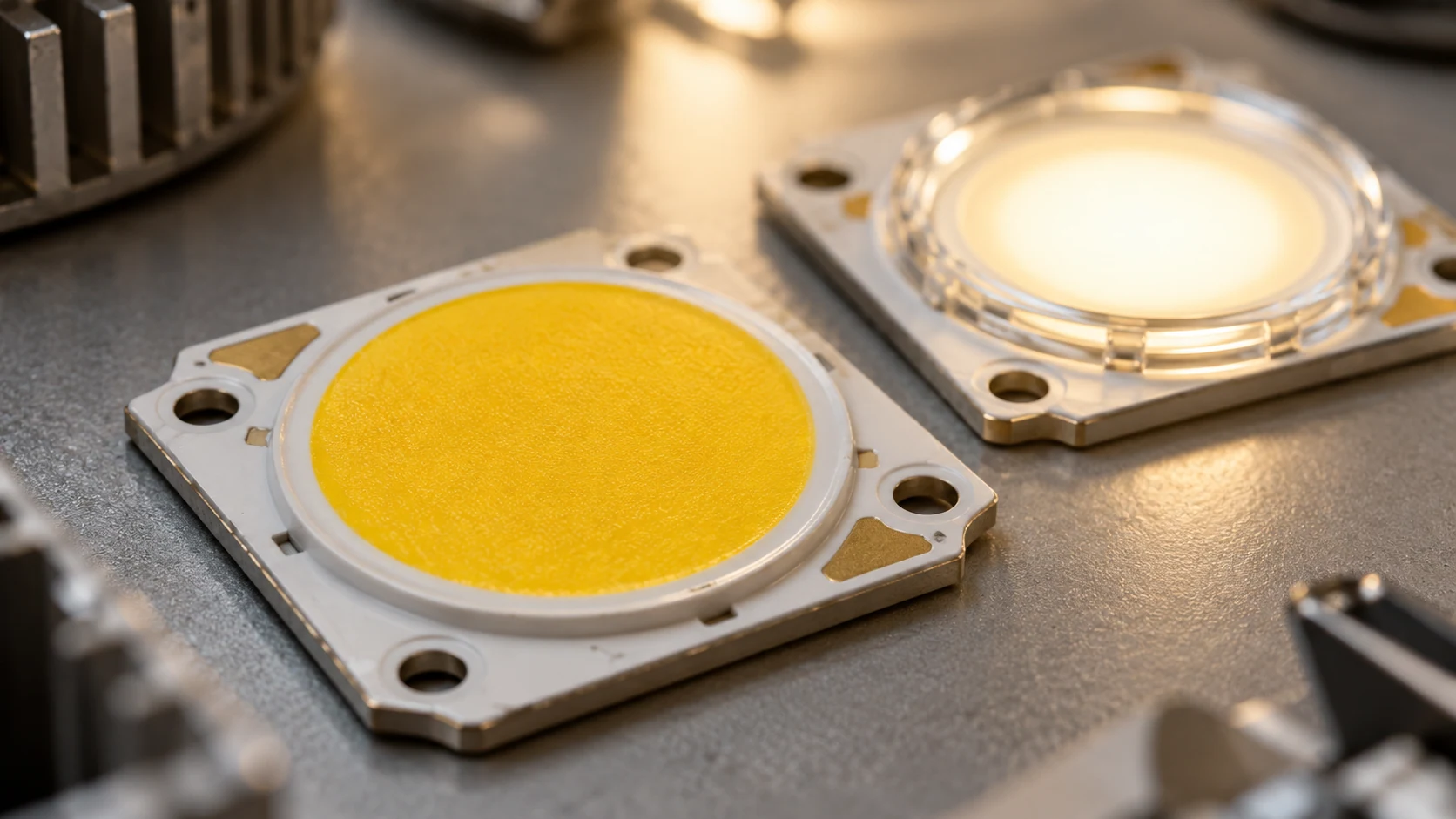 Fosfor kaplaması görülen COB LED modülü ve beyaz ışık yayan benzer bir LED.