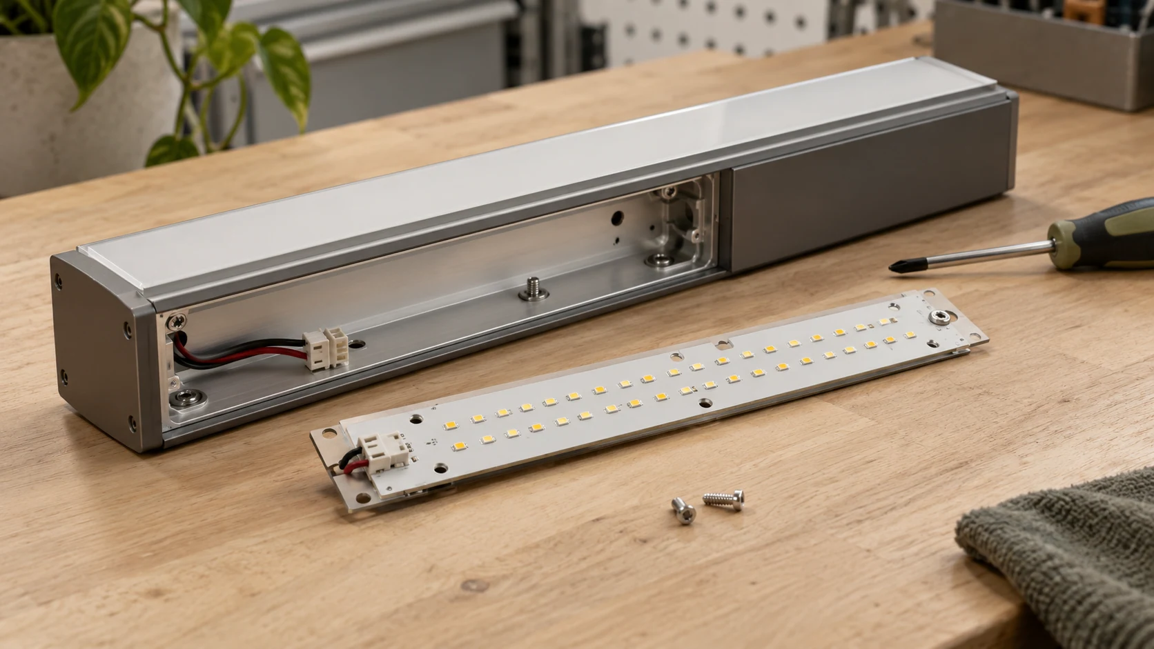 Modüler LED armatür gövdesi yanında bağlantı fişiyle çıkarılmış LED modülü.
