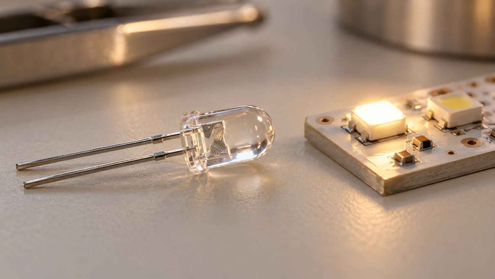 İki metal bacaklı şeffaf LED ile yüzey montajlı LED bileşenlerinin yakın görünümü.