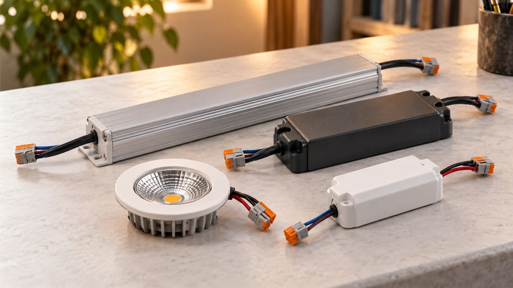 Farklı gövde biçimlerine sahip LED sürücüler ve dairesel bir LED modülü.