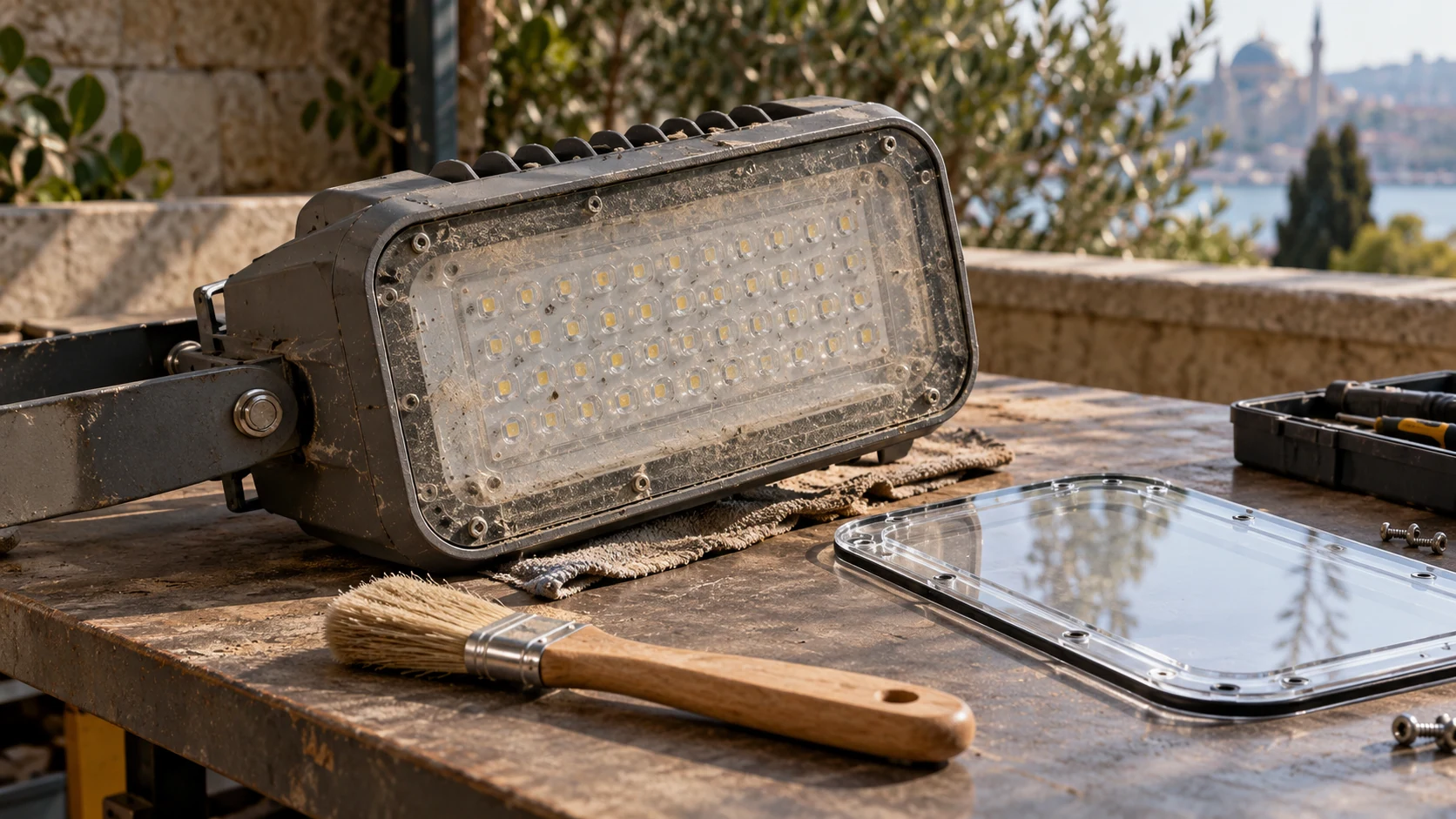 Bakım tezgâhında optik yüzeyinde toz birikmiş LED armatür ve temizlik ekipmanı.