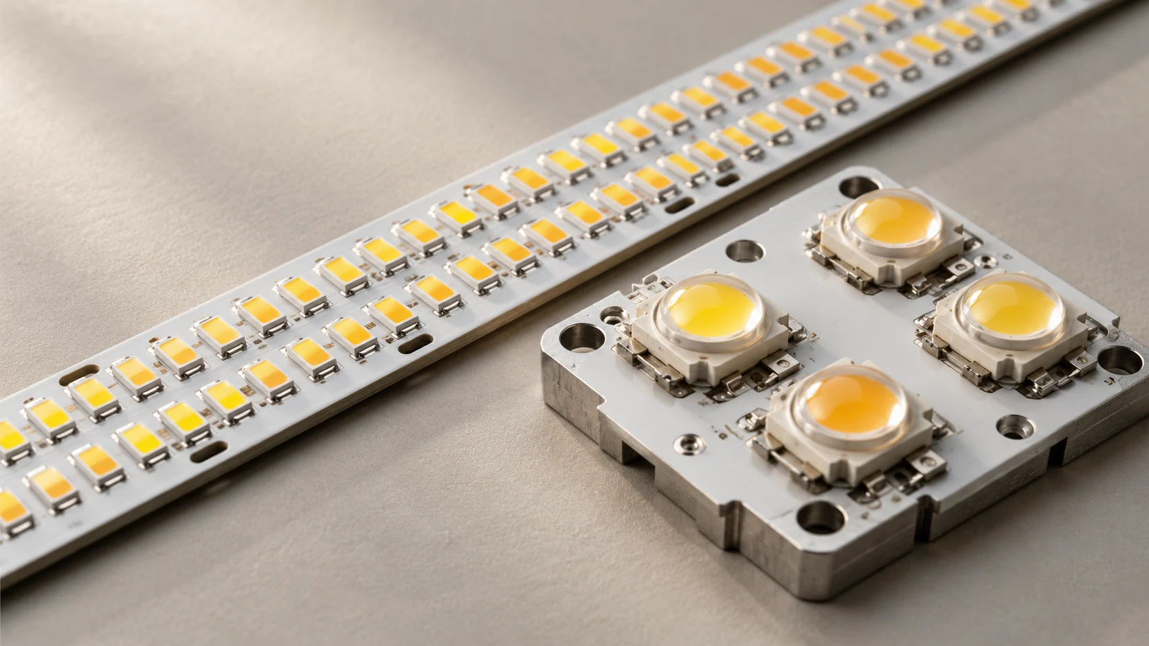 Küçük SMD LED dizisi ile daha büyük yüksek güçlü LED paketlerinin yakın görünümü.