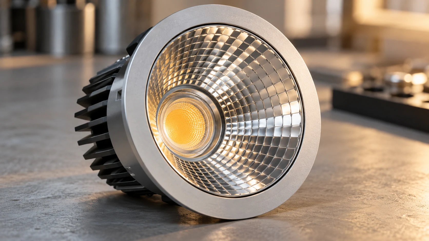 COB LED kaynağını çevreleyen alüminyum reflektörün yakın plan görünümü.