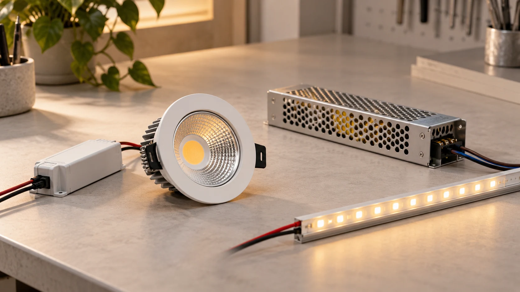 LED modülleri yanında kompakt kapalı sürücü ve havalandırmalı güç kaynağı.