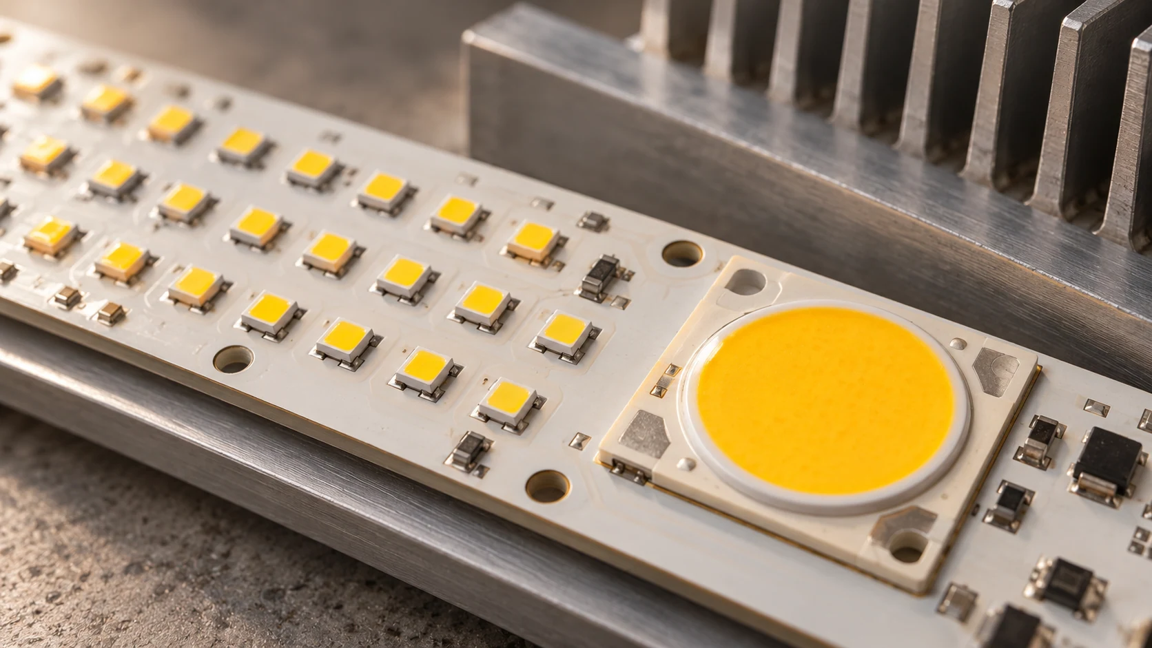 Ayrık SMD LED paketleri bulunan kart ve tek yüzeyli COB LED modülü.